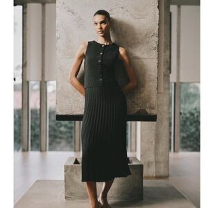 Zara Womens Midi Dress S Black Pleated Combination Sleeveless 8741/040 NWT